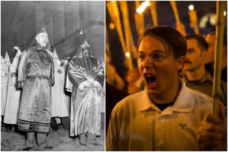 On the left is a historical photo of KKK members. On the right is a photo of 20-year-old Peter Cvjetanovic shouting during the deadly rally in Charlottesville.