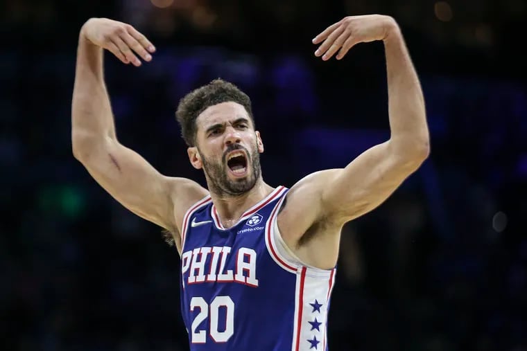 The Sixers' Georges Niang celebrating his three-point basket against the Knicks on Nov. 8.