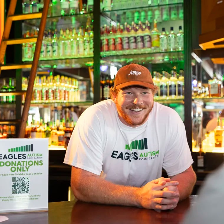 Eagles center Cam Jurgens promoted his beef jerky company "Jurgy," in partnership with the Eagles Autism Foundation, during his charity event on Tuesday at Chickie's and Pete's.