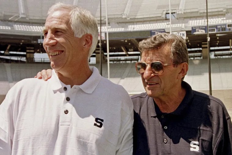 The family of the late Joe Paterno (right) has dropped its lawsuit against the NCAA over a report in the wake of the Jerry Sandusky (left) sex-abuse scandal.