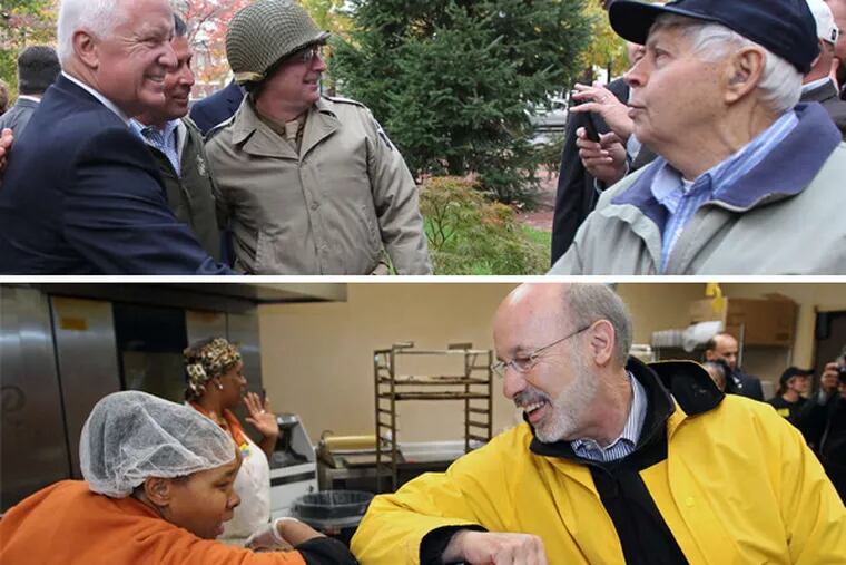TOP: Gov. Tom Corbett reaching out to Wolford Herman, a Korean War veteran from Carlisle, during a campaign stop. BOTTOM: Democrat Tom Wolf trades elbow bumps with bakery worker Lynn Floyd at the ShopRite at Cheltenham Square Mall.