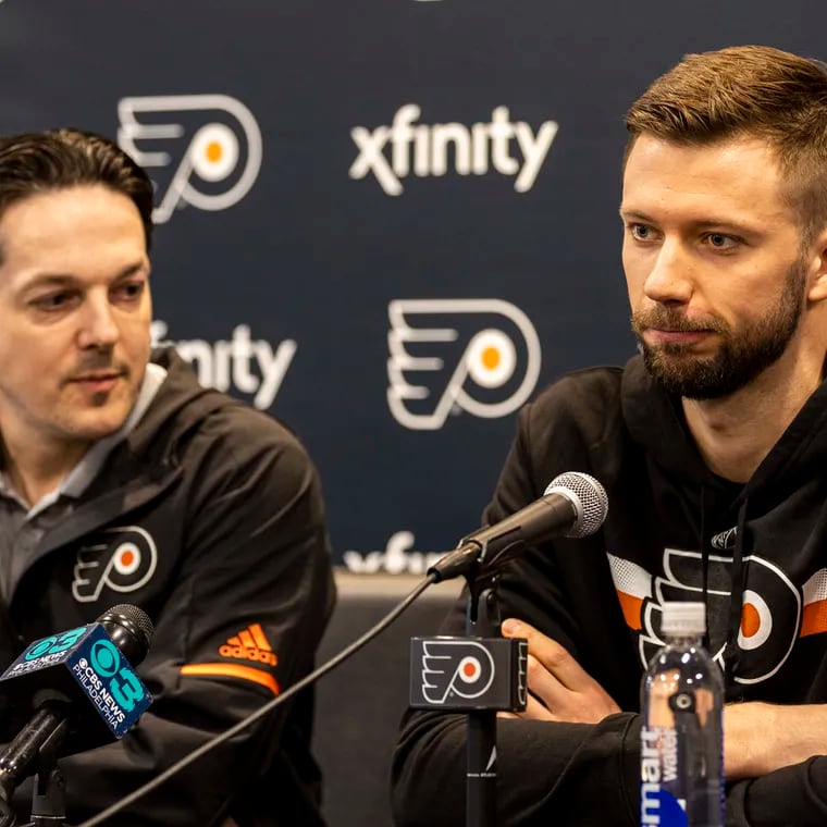 Ivan Fedotov (right), sitting alongside Flyers general manager Danny Brière, speaks to the press Friday about finally coming to Philadelphia.