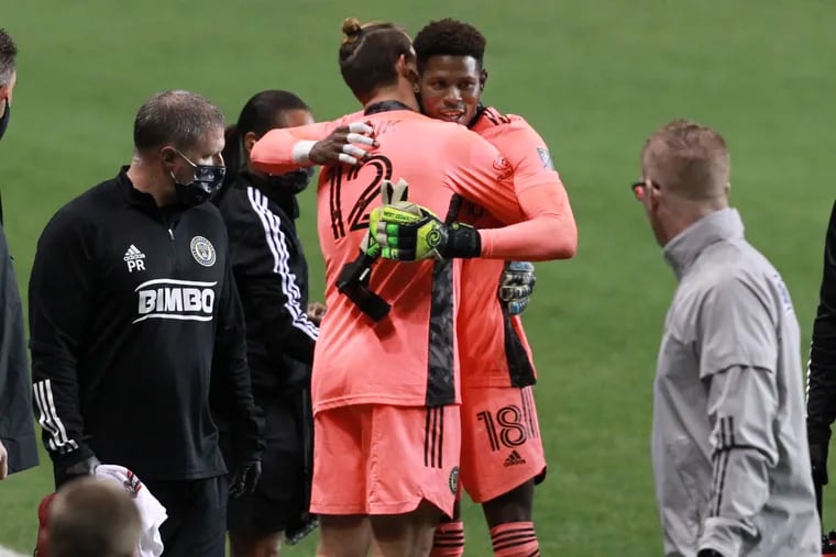 Andre Blake (18) had to leave the Union's game against Chicago on Wednesday after suffering an injury that turned out to be a fractured right hand.