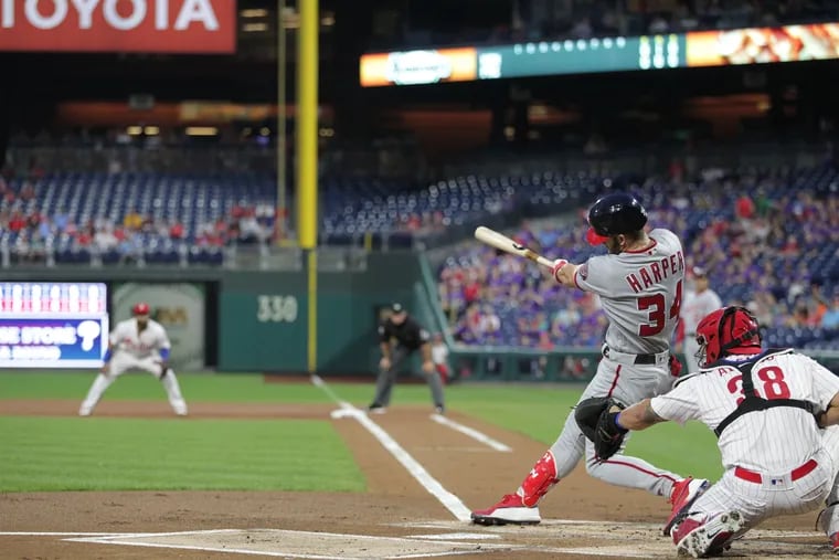 Bryce Harper hits into empty seats at Citizens Bank Park in September -- seats John Middleton could fill if Harper signs.