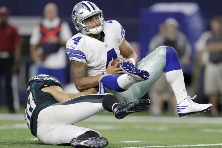 Expect the Eagles’ defense to take aim at Dallas Cowboys quarterback Dak Prescott in Sunday night’s game.