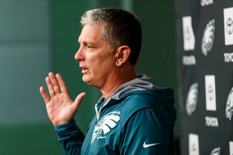 Eagles defensive coordinator Jim Schwartz answers questions from the media before practice Tuesday.