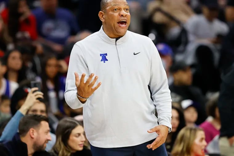 ]Sixers Head Coach Doc Rivers yells to his team against the Miami Heat on Monday, March 21, 2022 in Philadelphia.
