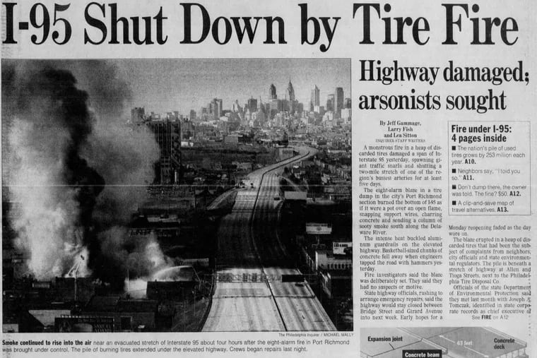 A March 14, 1996 edition of The Inquirer shows a tire fire that shut down a section of I-95 in Port Richmond.