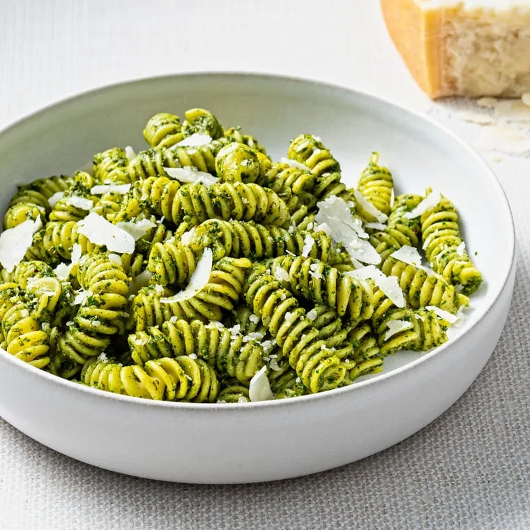 Spinach Pesto Pasta. MUST CREDIT: Scott Suchman for The Washington Post; food styling by Lisa Cherkasky for The Washington Post