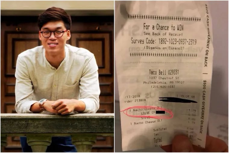 Left: In Young Lee, a first-year Ph.D student at Penn, said a Taco Bell employee used a racial slur to describe him on a receipt. Right: The receipt in question, as provided by Lee.