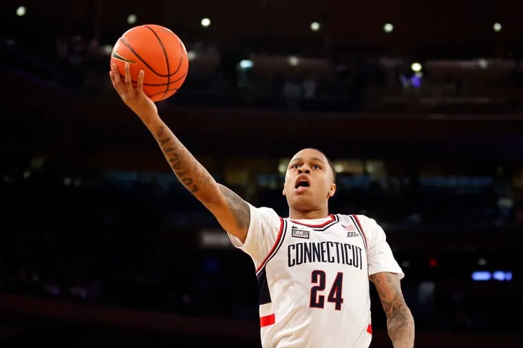 UConn guard Jordan Hawkins scored a game-high 24 points in the Huskies’ 88-65 blowout of Arkansas in the Sweet 16 on Thursday. No. 4 seed UConn is favored over No. 3 seed Gonzaga in Saturday’s West Region final in Las Vegas. (Photo by Sarah Stier/Getty Images)