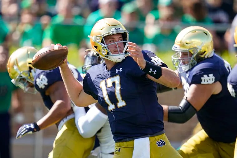 Notre Dame quarterback Jack Coan has thrown eight TD passes, but he's also been sacked 14 times.