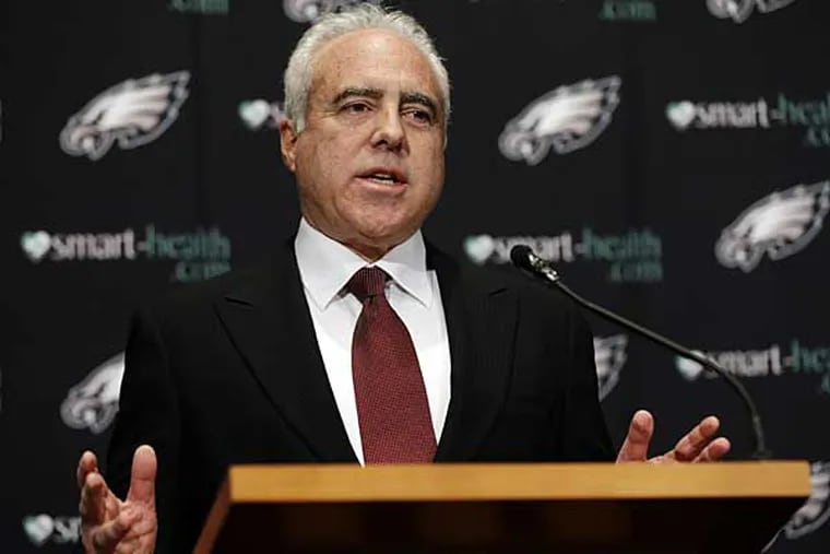 Philadelphia Eagles owner Jeffrey Lurie speaks to members of the media
during a news conference at the team's NFL football training facility,
Monday, Dec. 31, 2012, in Philadelphia. Andy Reid's worst coaching
season with the Eagles ended Monday after 14 years when he was fired
by Lurie, who said it was time "to move in a new direction." (AP
Photo/Matt Rourke)
