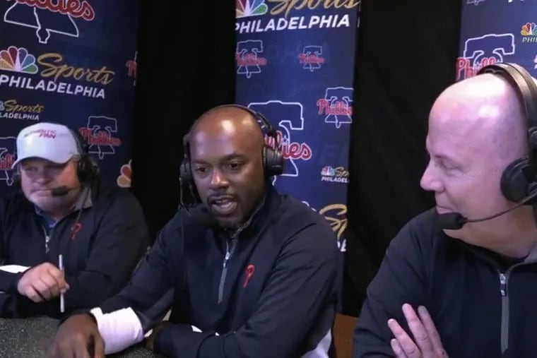 Jimmy Rollins (center) makes his debut as a Phillies analyst alongside Jon Kruk (left) and Tom McCarthy (right)