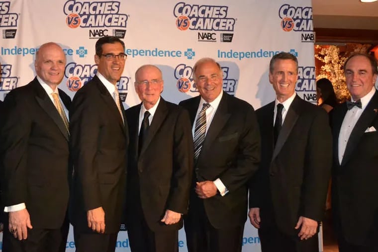 David Montogmery (third from left) and Ed Rendell (fourth from left) pose with Phil Martelli (left), Jay Wright, Steve Donahue and Fran Dunphy at a Coaches vs. Cancer event.