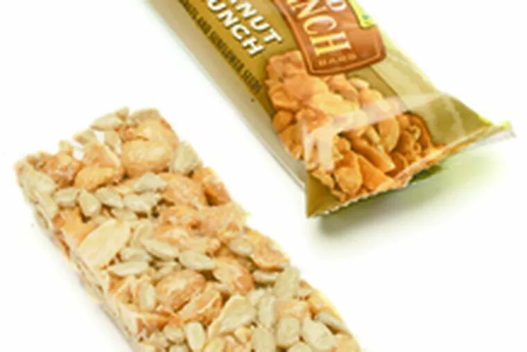 These nut-brittle-type Roasted Nut Crunch Bars from Nature Valley contain 7 grams of protein and 2 grams of fiber (no cholesterol, no trans fat, nothing artificial) in a mix of almonds, peanuts and sunflower seeds. All good things. So, what's a little sugar, corn syrup and salt among friends?