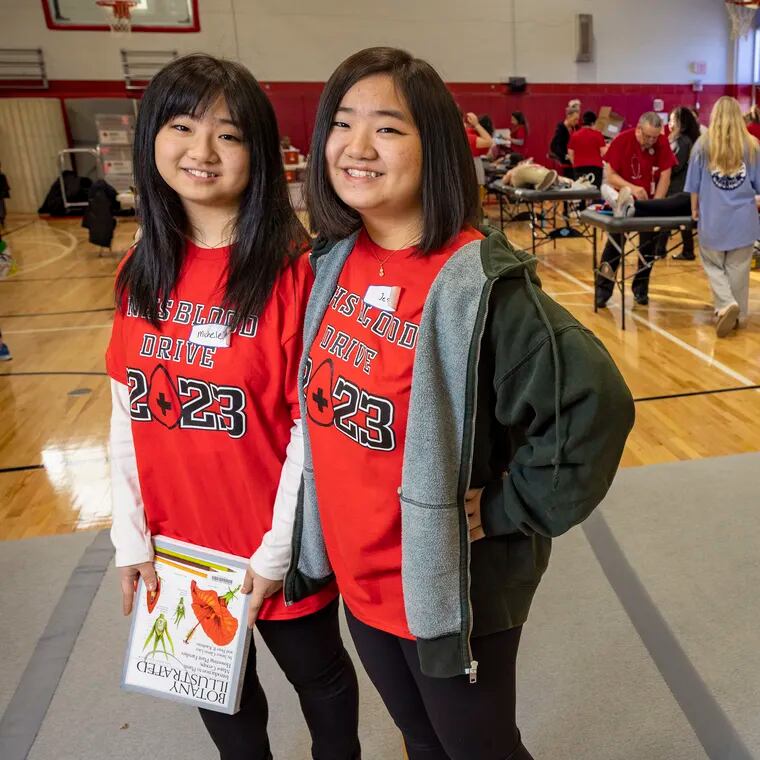 Twin sisters Michele (left) and Jess Sun, at blood drive they helped organize at Penncrest High School in Media, PA on Thursday, February 2, 2023. According to the sister they will take blood from approximately 100 donors.
