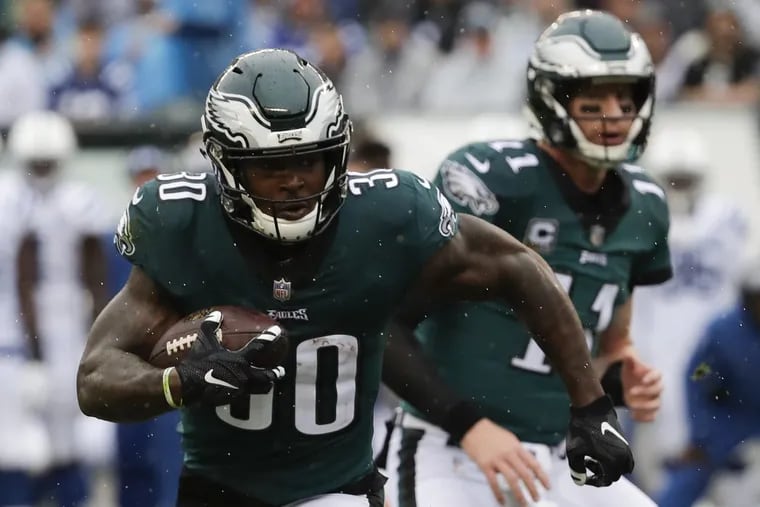 Eagles running back Corey Clement runs with the football against the Indianapolis Colts on Sunday, September 23, 2018 in Philadelphia. YONG KIM / Staff Photographer