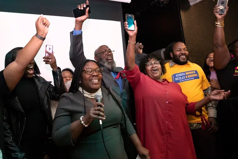 Kendra Brooks gives a speech at her results watch party for the Working Families in North Philadelphia on Tuesday. Brooks won a Philadelphia City Council seat in a historic win for the Working Families Party and Philly progressives.