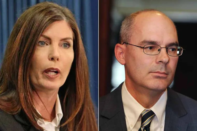Pennsylvania Attorney General Kathleen Kane and Frank Fina, a former top state prosecutor. (Staff, file/ Michael Bryant and AP Photo/Bradley C Bower)