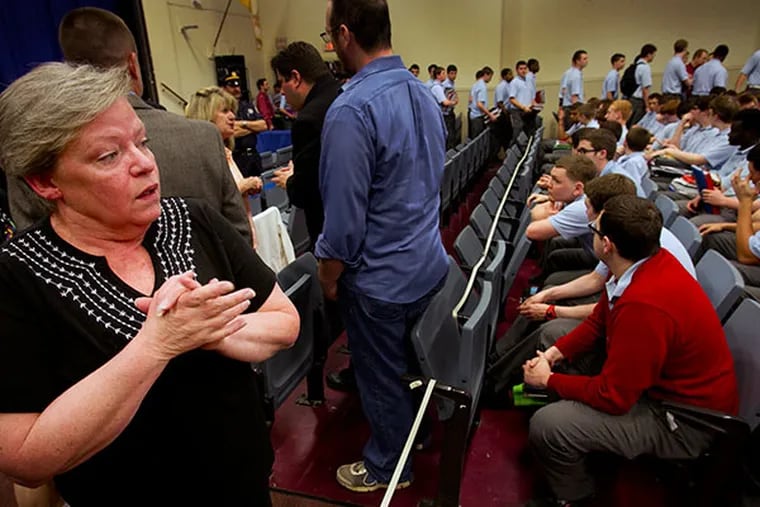 Beth Simonetti-Gallelli, mother of Nicky Simonetti, who drowned in Pennypack Creek, prepares herself to speak to students about the dangers of swimming in the creeks at Father Judge High School on Friday, May 9, 2014. ( ALEJANDRO A. ALVAREZ / STAFF PHOTOGRAPHER )