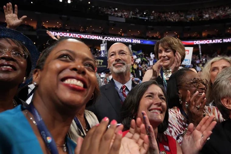 Gov. Wolf votes for Pennsylvania during the roll call on the second day of the DNC at the Wells Fargo Center on July 26, 2016, in Philadelphia.