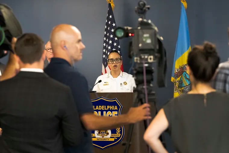 Police Commissioner Danielle Outlaw  and Jim Kenney, Mayor of Philadelphia, host a press conference at the Police Headquarters on Wednesday, August 23, 2023, to discuss the death of Eddie Irizarry, who was fatally shot by a Philadelphia Police officer last week.