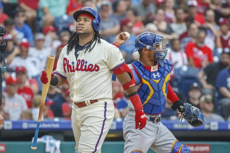 Maikel Franco walks away from the plate after striking out for the second out of the seventh inning against the Cubs.