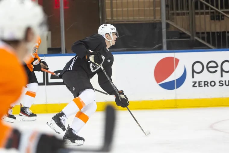 Egor Zamula practicing with the Flyers ahead of their game against the New York Rangers on Tuesday.