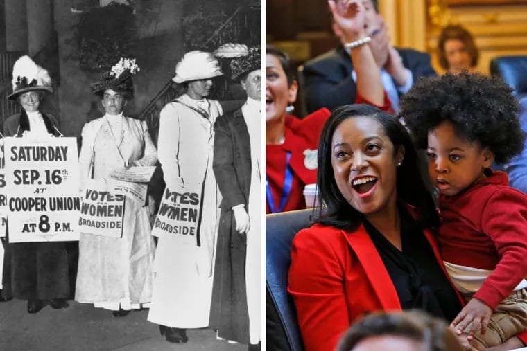 At left, demonstrators hold a rally for women's suffrage in New York September 1916; at right, Virginia Delegate Jennifer Carroll Foy holds her son, Alex Foy, as they celebrate the passage of the Equal Rights Amendment—still not ratified—in the House chambers in Richmond, Va. on Jan 27, 2020.