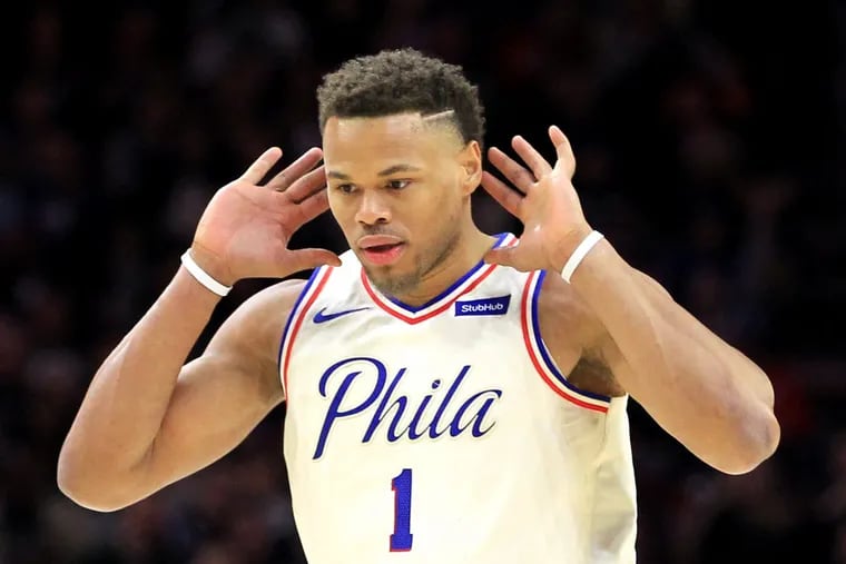 Justin Anderson of the Sixers after hitting a clutch 3-pointer against the Heat during the 4th quarter of their game at the Wells Fargo Center on Feb. 2, 2018.