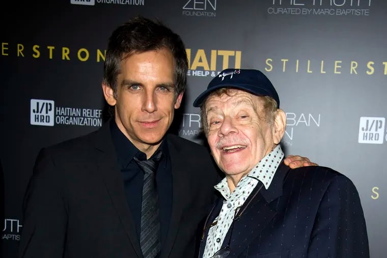 In February 2011, Jerry Stiller (right) posted with son Ben Stiller at the Help Haiti benefit honoring Sean Penn hosted by the Stiller Foundation and The J/P Haitian Relief Organization, in New York.