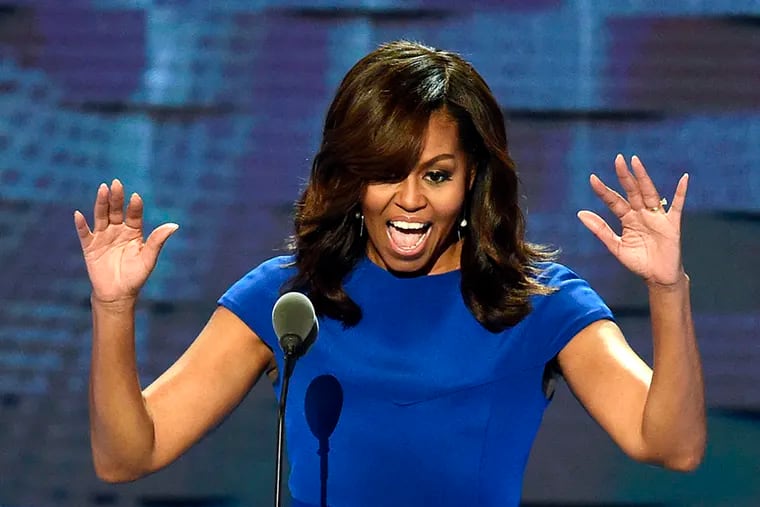 Former First Lady Michelle Obama, seen here delivering a speech during the 2016 convention at the Wells Fargo Center in Philadelphia, Pa., headlines the first night of the 2020 Democratic National Convention, which kick off Monday at 9 p.m. Eastern.