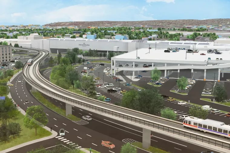 Artist’s rendering of Norristown High Speed Line’s King of Prussia Rail extension traveling along Mall Boulevard. Credit: SEPTA 