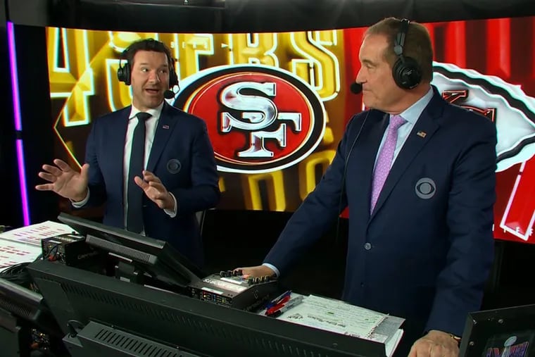 Tony Romo (left) and Jim Nantz calling Super Bowl LIV on CBS between the San Francisco 49ers and Kansas City Chiefs.
