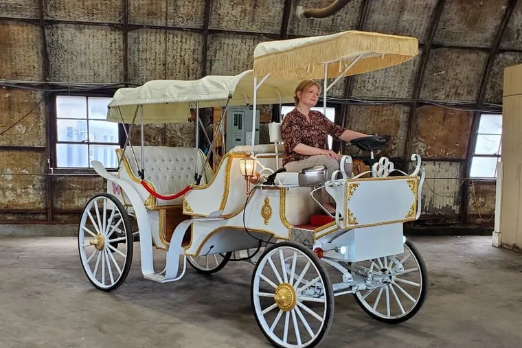 Janet White, director of Carriage Horse Freedom, is behind the wheel of the electric horseless carriage she purchased and championed to replace horse-drawn carriages.