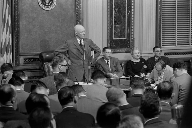 President Dwight Eisenhower at a 1957 news conference. A recent poll rated him the fifth-best president.