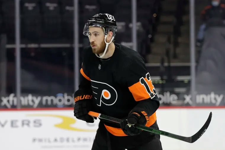 Flyers center Kevin Hayes in a game against the New Jersey Devils on April 25, 2021. He played in his first game of the 2021-22 season Saturday in Dallas.