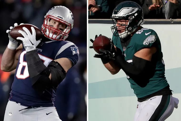 Eagles tight end Zach Ertz (right) won’t be the best tight end on the field during the Super Bowl. That honor goes to Patriots tight end Rob Gronkowski.
