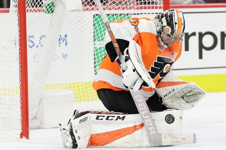 Flyers goaltender Carter Hart, shown making a save against Carolina, had a .917 save percentage during his strong rookie season.