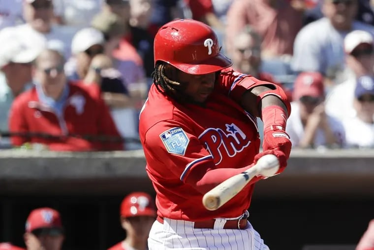 Phillies Maikel Franco hits a second-inning single against the Boston Red Sox in a spring training game at Spectrum Field in Clearwater, FL on March 7.