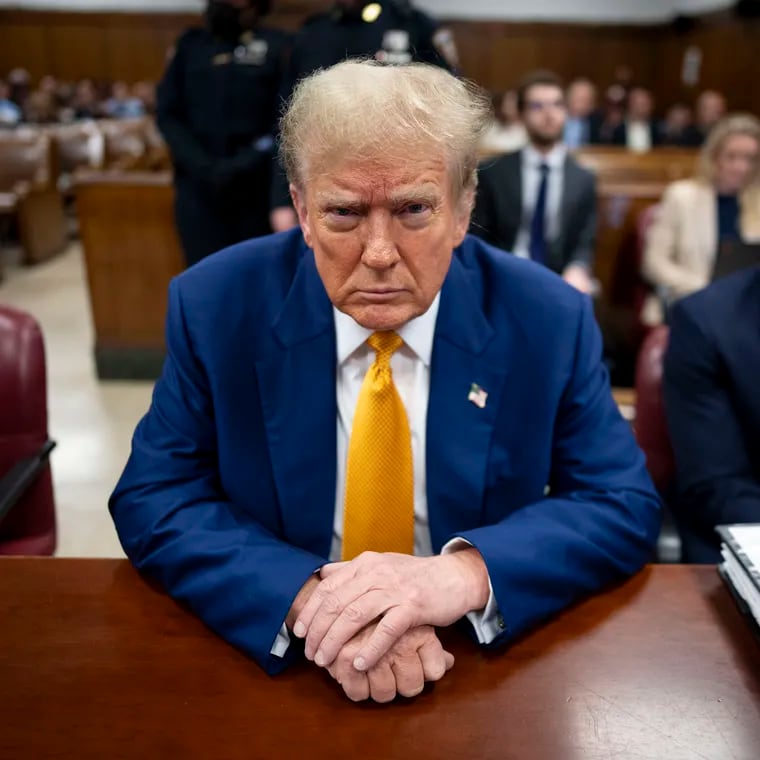 Republican presidential candidate and former president Donald Trump awaits the start of proceedings for his trial at the Manhattan criminal court on Thursday, May 2, 2024.