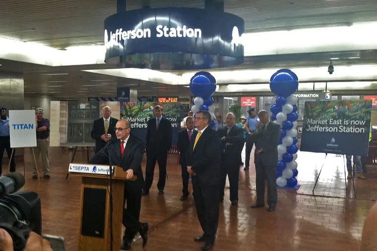 Stephen Klasko, president and CEO of Jefferson Health System, describes the renaming deal in which Market East Station becomes Jefferson Station. SEPTA general manager Joseph Casey is at right.