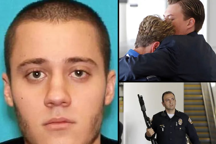 Paul Ciancia (left), 23, was carrying a note that said he wanted to "kill TSA" pulled a semi-automatic rifle from a bag and shot his way past a security checkpoint at Los Angeles International Airport. TSA employees (top right) react to the shootings that left one colleague dead, and two others wounded.