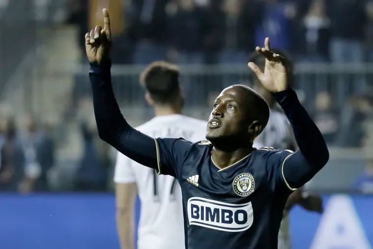 Union # 9 Fafa Picault celebrates his goal that put the Union up 2-0 in the second half of the FC Cincinnati at Philadelphia Union Major League Soccer match at Talen Energy Stadium in Chester, Pa. on May 1, 2019.