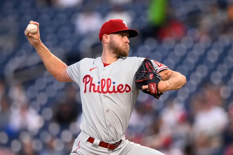 Philadelphia Phillies starting pitcher Zack Wheeler throws during the third inning of the team's baseball game against the Washington Nationals, Thursday, June 16, 2022, in Washington. (AP Photo/Nick Wass)