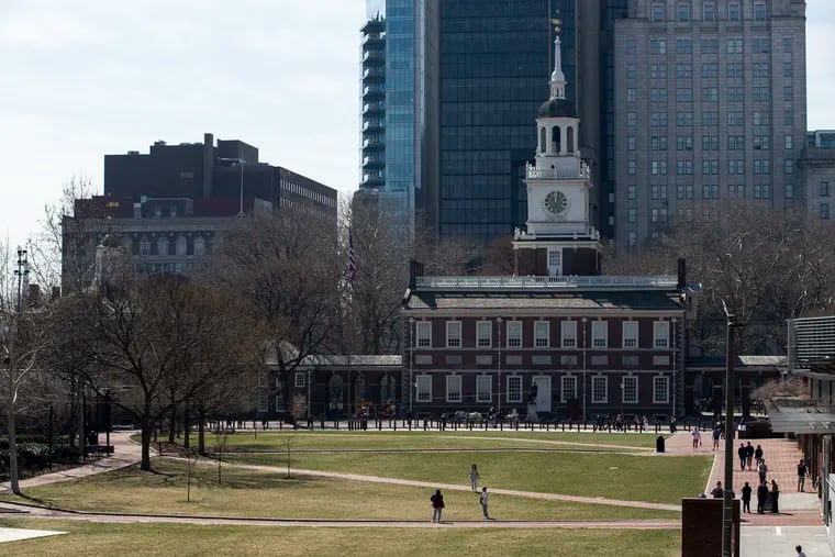 Independence Hall, as seen from the Independence Visitor Center in March 2022, will be a focal point of the commemoration of the 250th anniversary of the signing of the Declaration of Independence in 2026.