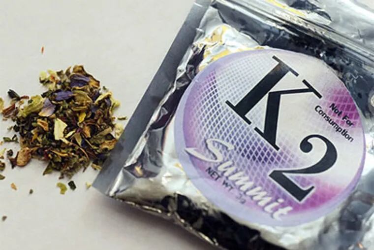 A package of K2 which contains herbs and spices sprayed with a synthetic compound chemically similar to THC, the psychoactive ingredient in marijuana.