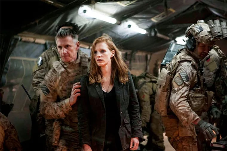Jessica Chastain with Christopher Stanley (left), Alex Corbet Burcher as her fellow operatives. She is obsessed with getting bin Laden.