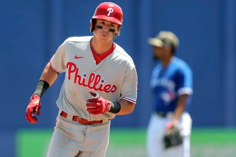 Philadelphia Phillies' Nick Maton rounds the bases after hitting a home run against the Toronto Blue Jays during the fifth inning on Sunday, May 16, 2021, in Dunedin, Fla. It was Maton's first major league home run.